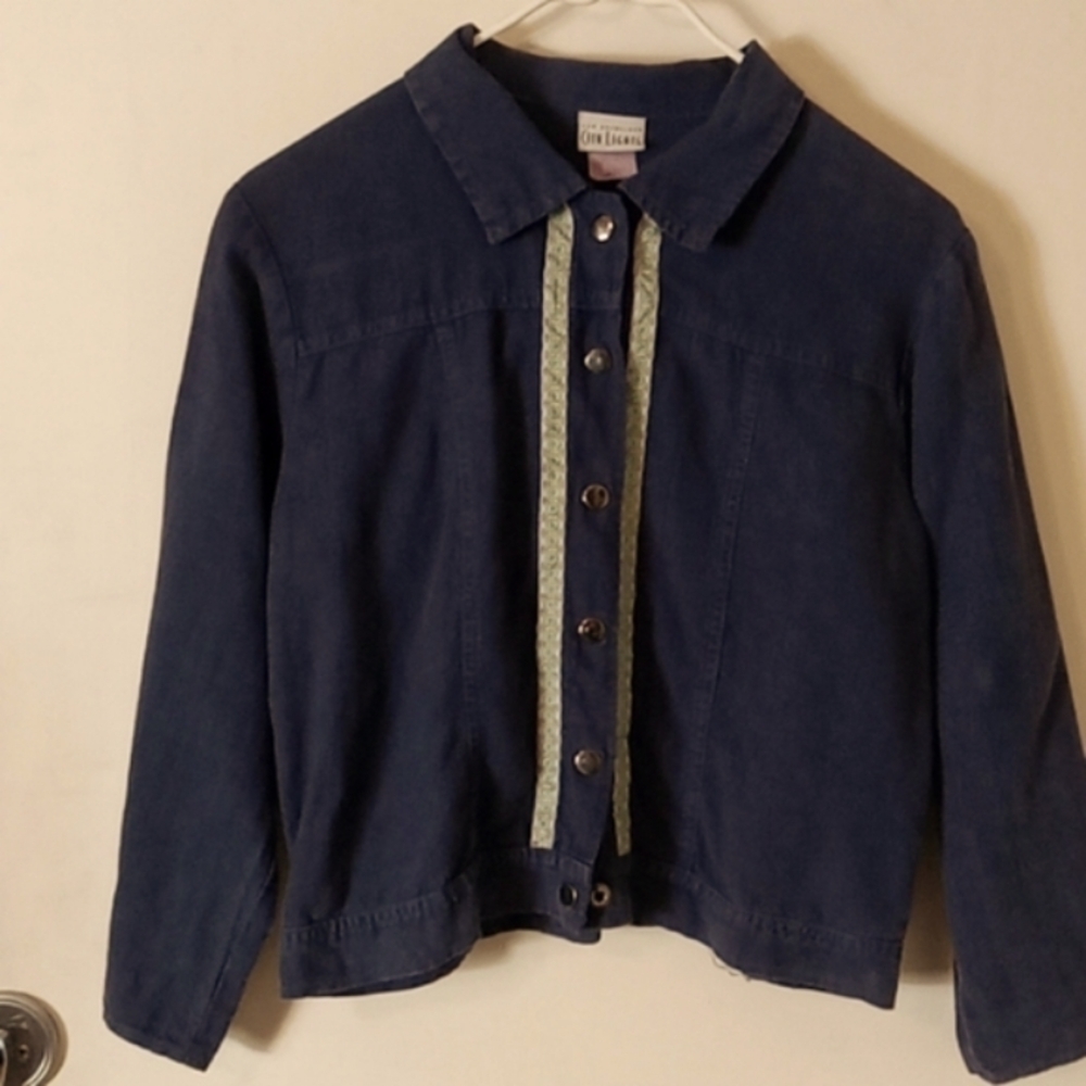 City Lights Vintage Dark Blue Linen Jacket Size Small Super Cute! 🧥